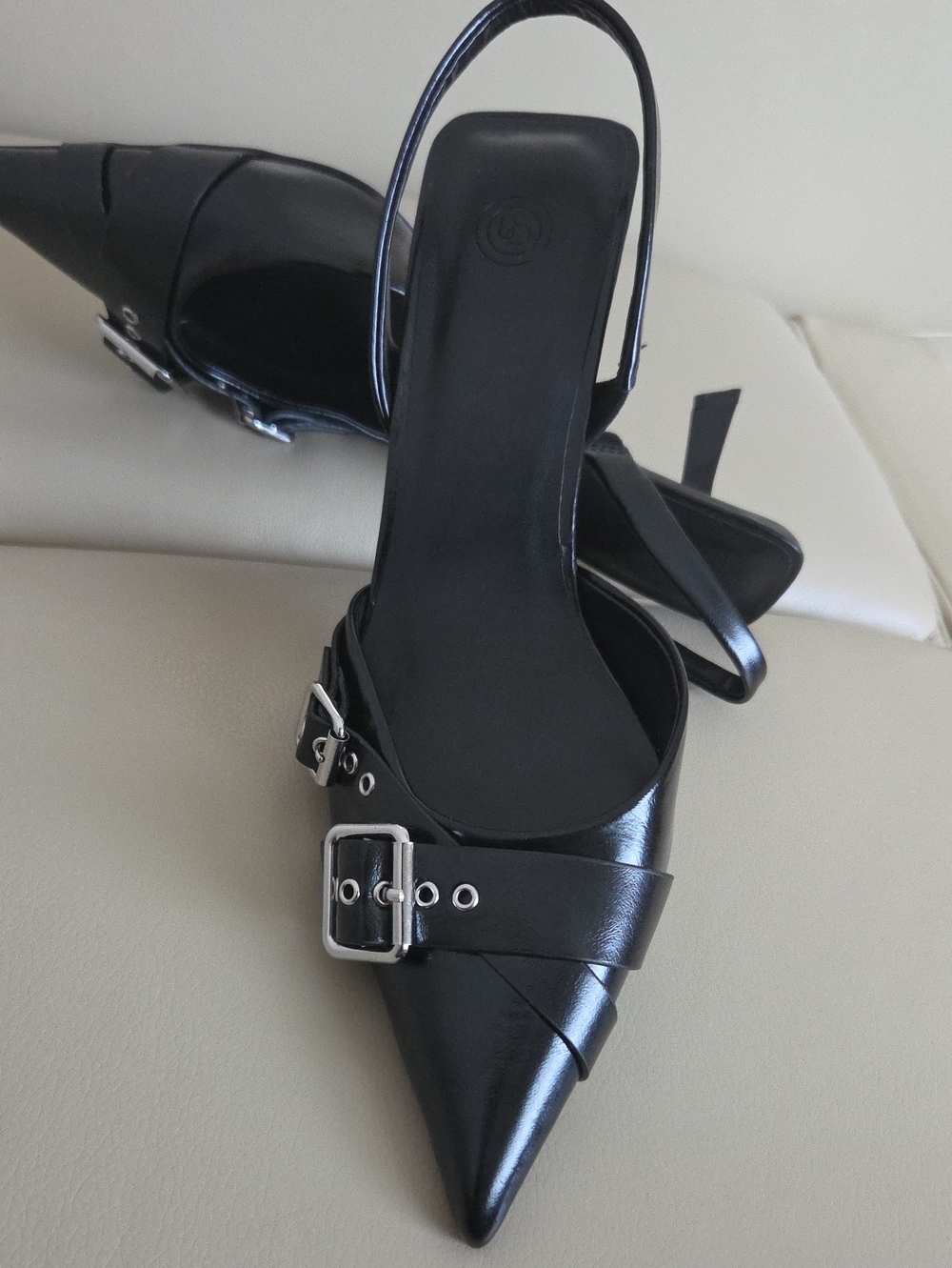 Urban Outfitters Black Pointed Slingback Heels with Silver Buckles